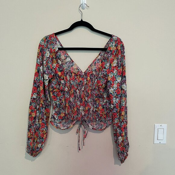 H&M Women's Blouse Viscose Crêpe V-neck Floral Top Drawstring in Front Sz L - Picture 6 of 12